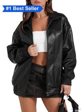 Faux Leather Oversized Motorcycle Bomber Jacket Retro Zip Vegan Coat